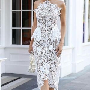White Strapless Crochet Floral Peplum Midi Dress